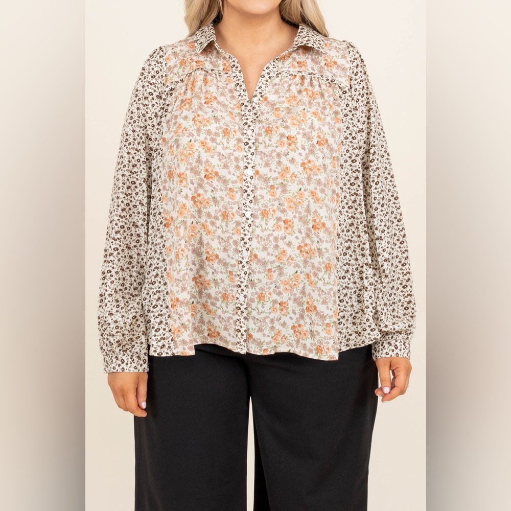 Umgee Cream Floral Long Sleeve Notched Collar Blouse